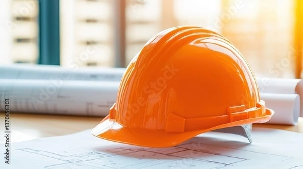 Fototapeta An orange hard hat rests on blueprints, symbolizing construction and safety in a professional workspace, with natural light enhancing the scene.