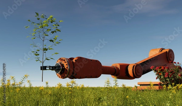 Fototapeta Industrial Robot Arm Planting Tree Sapling in Nature - 3D Illustration