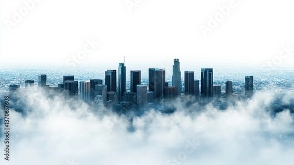Fototapeta City skyline partially obscured by clouds, showcasing a dramatic, moody atmosphere. Dark skyscrapers rise above a sea of white clouds under a bright sky. 