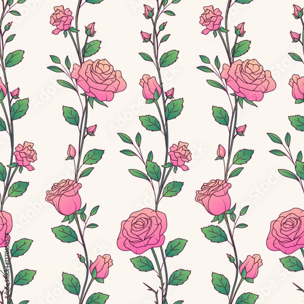 Fototapeta Vector seamless pattern with bright rose flowers and leaves. Floral background for fabric design, textile, wrapping paper. Pattern for flower shop. Spring concept