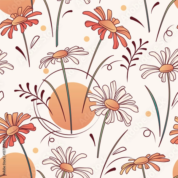 Fototapeta Floral seamless pattern with daisy flowers and leaves. Vector illustration of chamomile flowers. Background for fabric design, textile, wrapping paper. Pattern for flower shop. Spring concept