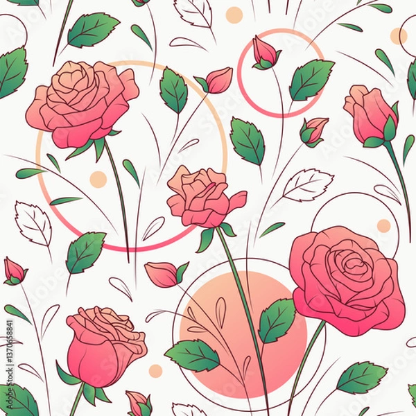 Fototapeta Floral seamless pattern with rose flowers and leaves. Vector illustration of flowers. Background for fabric design, textile, wrapping paper. Pattern for flower shop. Spring concept