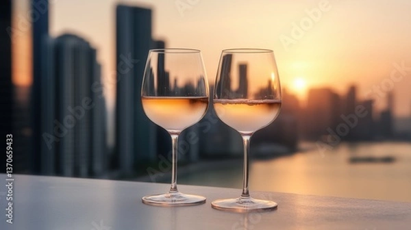 Fototapeta Sunset, city skyline, wine glasses, and evening ambiance create a relaxing atmosphere for evening gatherings near the water