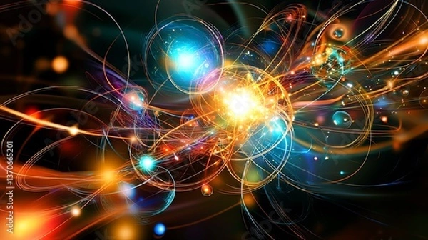 Fototapeta A dynamic representation of quantum entanglement with colorful, interconnected particles.
