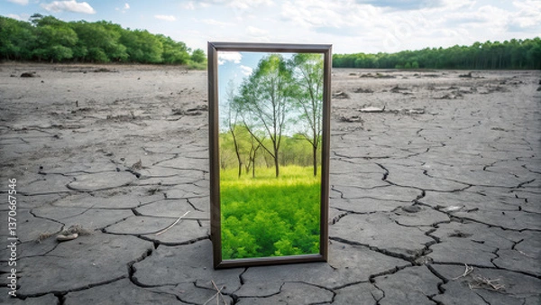 Fototapeta mirror reflects vibrant green environment amidst dry cracked landscape, symbolizing hope and resilience