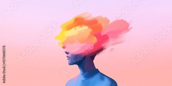 Fototapeta Vibrant abstract representation of a person with a colorful cloud symbolizing creativity and imagination at sunset