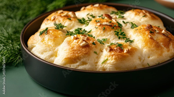 Obraz Freshly baked garlic bread rolls topped with herbs and nuts in a pan, ready to serve