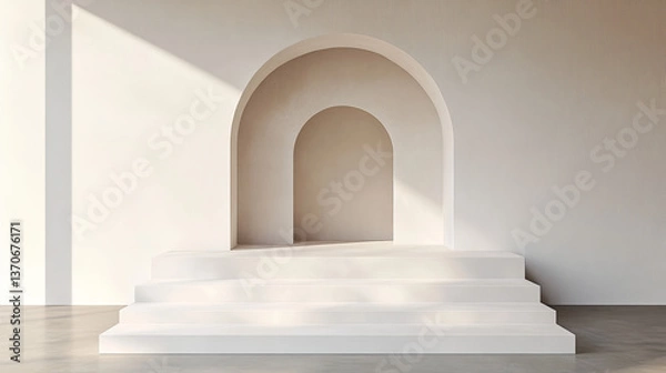 Fototapeta Window or hole in wall with product podium behind it. Realistic vector illustration of white minimalistic platform and pedestal of square and arch shapes for goods display.