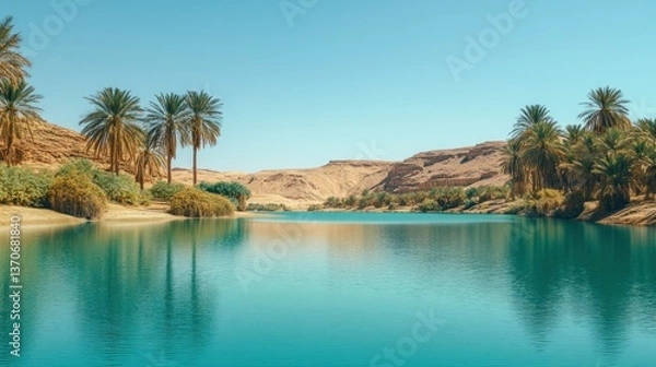 Fototapeta A scenic oasis with palm trees and tranquil water under a blue sky