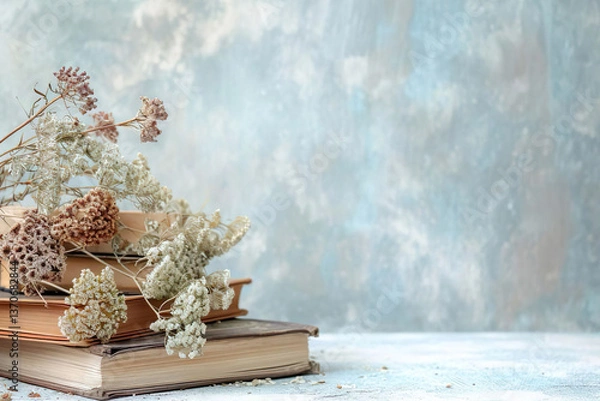 Fototapeta Dried flowers atop a stack of aged books on a light blue background., space for text