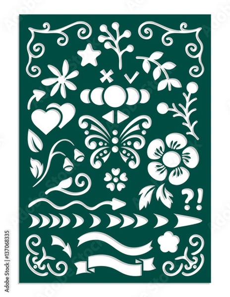 Fototapeta Laser cut template for planner notebook or journal dairy stencil. Arrows, dividing lines, flowers, openwork corners, butterfly, heart, branch, leaf, bud, symbols for fields notes. Vector illustration.