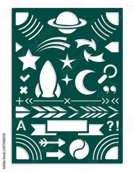 Fototapeta Laser cut template for planner notebook or journal dairy stencil. Arrows, dividing lines, planet, stars, moon, comet, Yin Yang, quotes, magnifier, symbols for fields notes. Vector illustration.