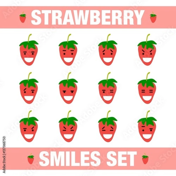 Fototapeta vector illustration with funny strawberry  flat character smile set on white background.Cute flat strawberry smile character set