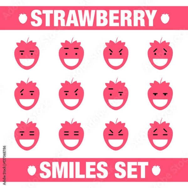 Fototapeta vector illustration with funny strawberry  flat character smile set on white background.Cute flat strawberry smile character set