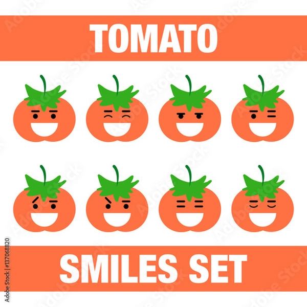 Fototapeta vector illustration with funny tomato flat character smile set on white background.Cute flat tomato smile character set