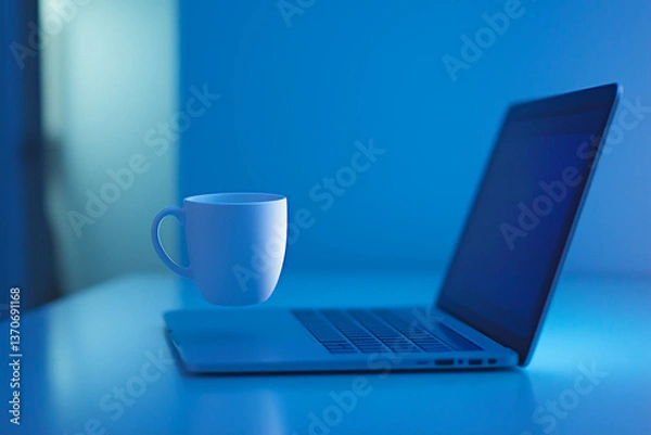 Fototapeta A white cup floating above a laptop, illuminated with cool blue light, creating a calm and modern workspace ambiance.