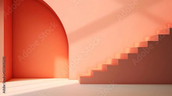 Fototapeta Ascending towards a sunlit future, a minimalist staircase bathed in warm coral hues and soft light.