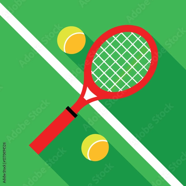 Fototapeta A red tennis racket with two yellow balls.