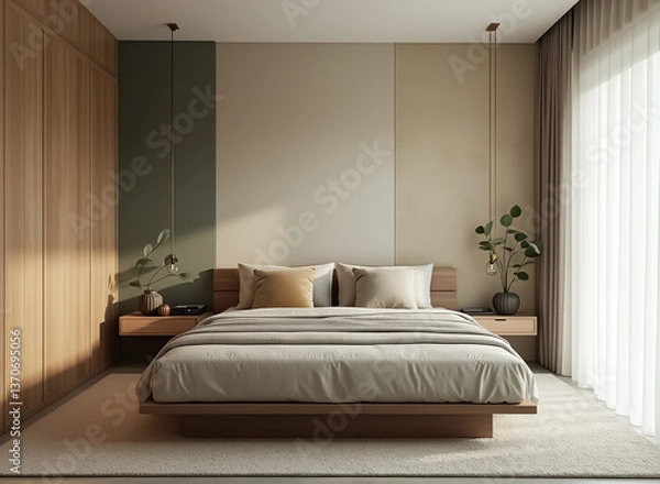 Fototapeta serene minimalist bedroom with low platform bed and natural light