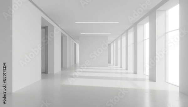 Fototapeta 3D render minimalist white empty room square apartment walls modern minimal corridor window sunshine serene.