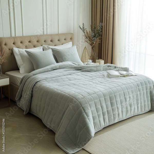 Fototapeta A neatly made bed features a light blue quilted blanket, matching pillows, and white sheets. It is styled in a neutral-toned room