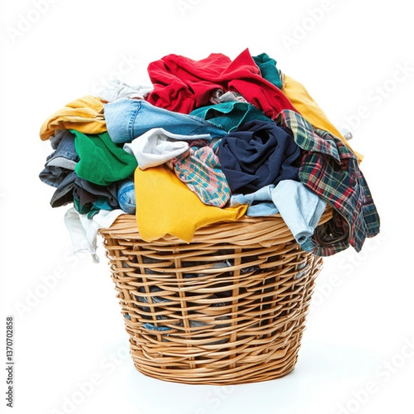 Fototapeta A wicker laundry basket overflowing with a variety of colorful clothes. The garments include shirts, sweaters, and other fabric items in shades of red, blue, yellow, purple, and more. 