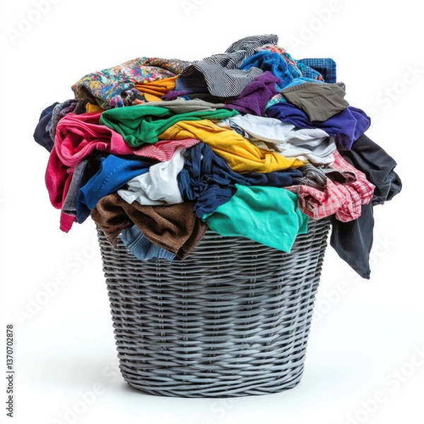 Fototapeta A wicker laundry basket overflowing with a variety of colorful clothes. The garments include shirts, sweaters, and other fabric items in shades of red, blue, yellow, purple, and more. 