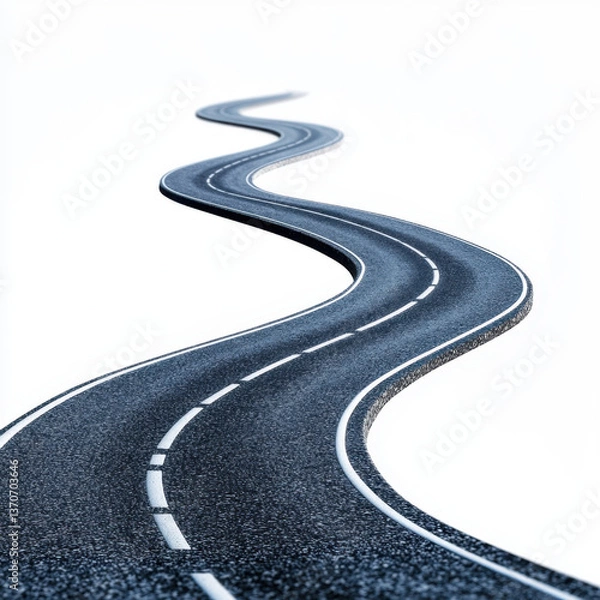 Fototapeta A winding asphalt road shaped like an "S," featuring bright white lane markings. The road appears elevated & isolated against a clean white background, creating a dynamic and minimalist visual effect