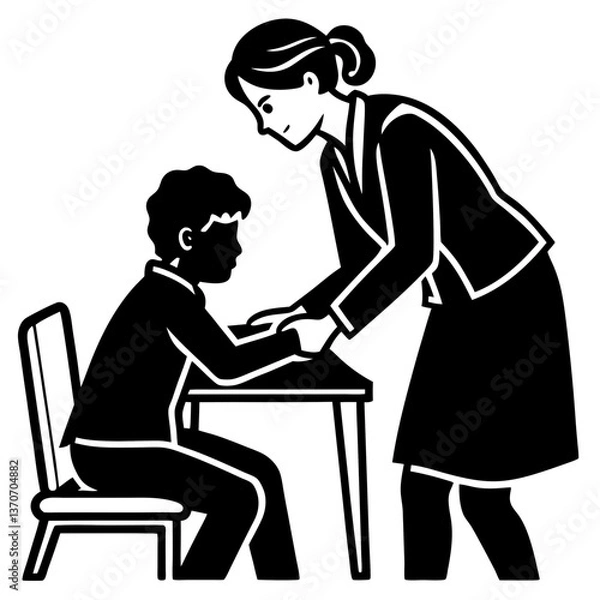 Fototapeta A silhouette of a teacher assisting a student with homework, bending down to offer guidance