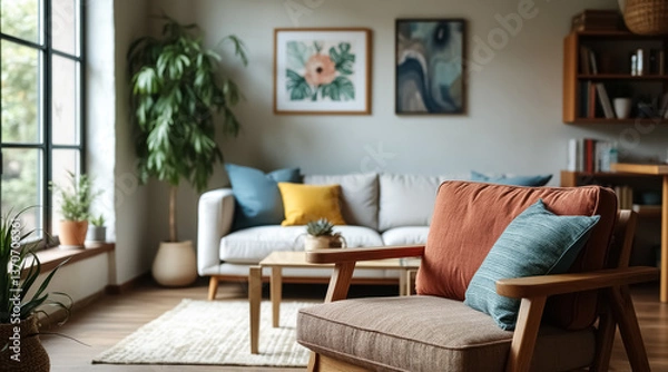 Fototapeta comfortable armchair with earth-toned cushions in a mid-century modern living room