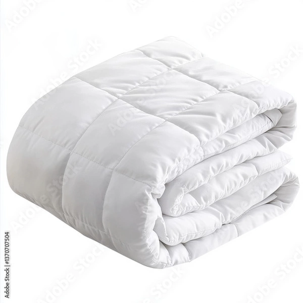 Fototapeta A neatly folded white quilted blanket with a smooth, plush texture. The blanket features subtle stitching patterns and is displayed on a clean white surface, emphasizing its soft and cozy design