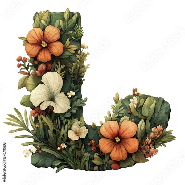 Fototapeta Illustration showcasing a decorative letter L adorned with an array of colorful, intricate flowers and lush leaves, emphasizing creativity, floral beauty, and artistic expression.