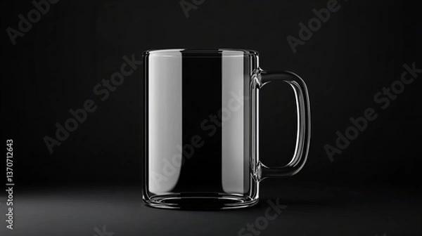Fototapeta Glass mug sits on a dark surface with a plain black background showing reflections.