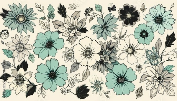 Obraz Elegant Mint and Cream Floral Arrangement Soft Hues, Bold Outlines, Botanical Design