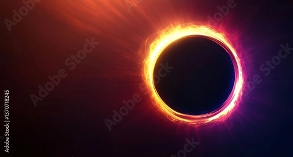 Fototapeta Abstract colorful light effects with a black hole sun eclipse in a dark sky. Illustration for banners or posters, featuring glowing elements and 3D rendering on a black background.
