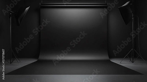 Fototapeta A photography studio setup with black backdrop and lighting equipment in a dark room setting