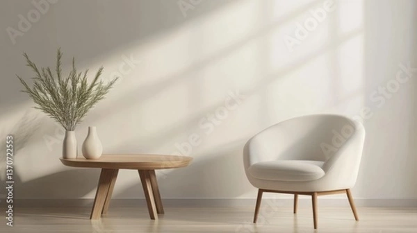 Fototapeta Cozy interior corner with a modern chair and elegant table bathed in soft sunlight during late afternoon