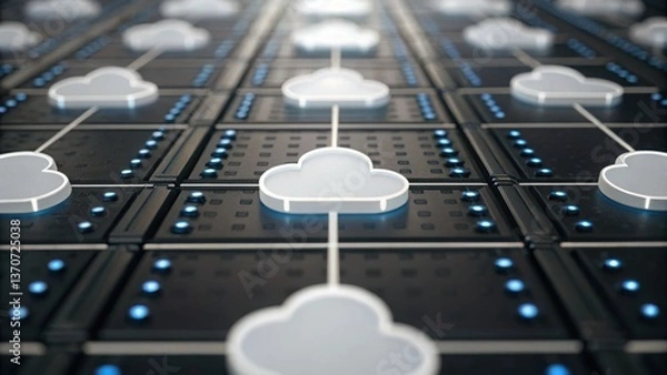 Fototapeta Data Lake Data Lakehouse Data Warehouse Cloud computing network design with interconnected symbols and illuminated elements.