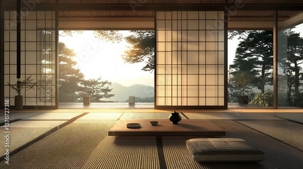 Fototapeta Serene Japanese Interior with Tatami Mats and Mountain View at Sunset