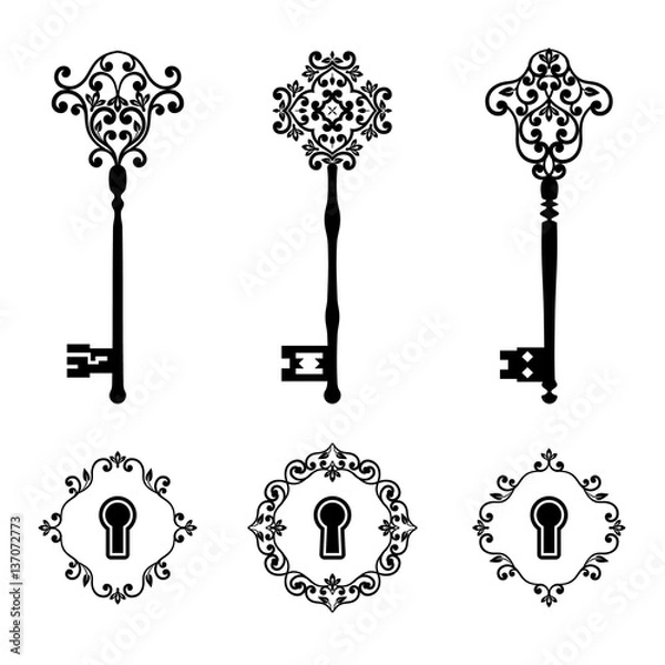 Obraz Vintage keys and keyholes set in black color isolated on white.