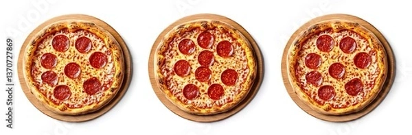 Fototapeta Three photorealistic images of pepperoni pizza on a wooden board, captured from a top-down perspective against a clean white background. Perfect for food-related content.
