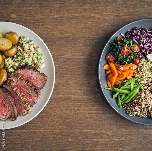 Fototapeta Meat dish versus vegan dish as a concept of two antagonistic eating options