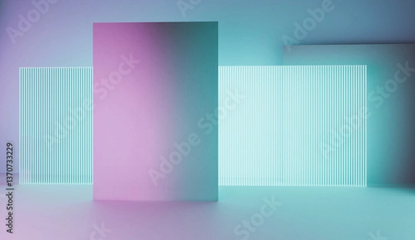 Obraz 3d rendering of blue and purple neon glowing wall background. Scene for advertising, technology, showcase, banner, game, sport, cosmetic, business, metaverse. Sci-Fi Illustration. Product display