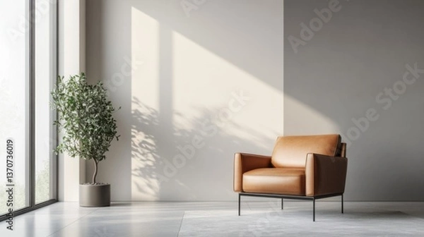 Fototapeta Modern interior design featuring a stylish leather chair and indoor plant in a minimalist space with natural light