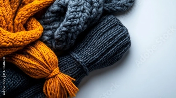 Fototapeta Cozy Knitted Texture: A Warmth Invitation of Mustard and Gray Woolen Scarves