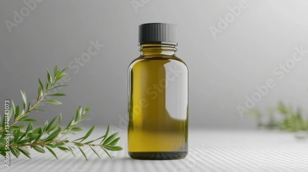 Fototapeta Bottle of olive oil on a textured surface with fresh olive leaves nearby, captured in a minimalist style