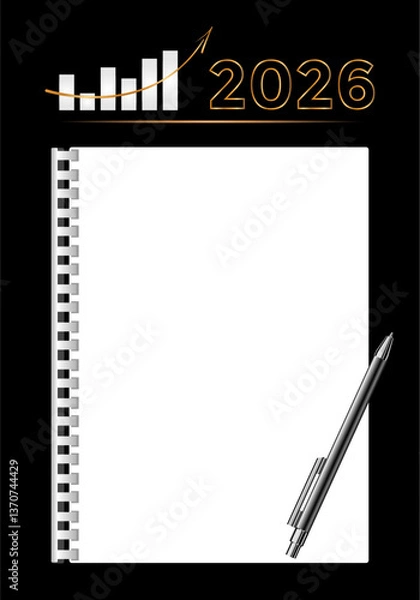 Fototapeta 2026 New Year concept with empty notebook for your goals, plans, resolutions. Flat lay style. Christmas planning concept with space for text.