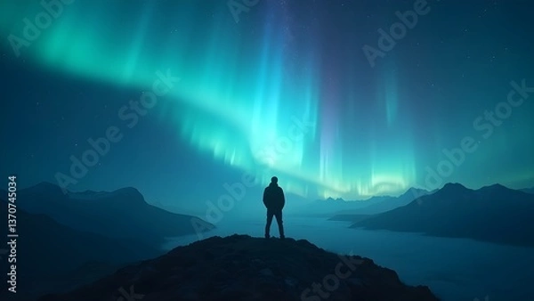 Obraz Awe-Inspiring Aurora Display Over Mountain Landscape with Silhouette of Man Admiring the Breathtaking View