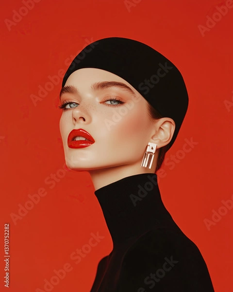 Fototapeta Fashion magazine concept. Portrait of beautiful female model wearing designer clothing, hat and posing on red background. Haute couture style. Retro, avant-garde. Studio shot
