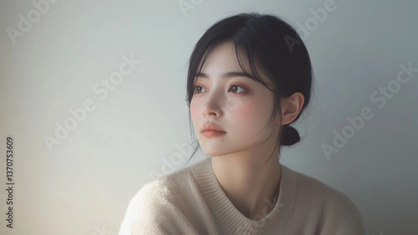 Fototapeta 控えめな上品さをまとうセンターパートの女性ポートレート